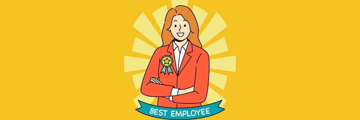 Illustration of a confident woman in a red blazer with a star-shaped badge, standing in front of a sunburst background. A ribbon below reads “Best Employee.”