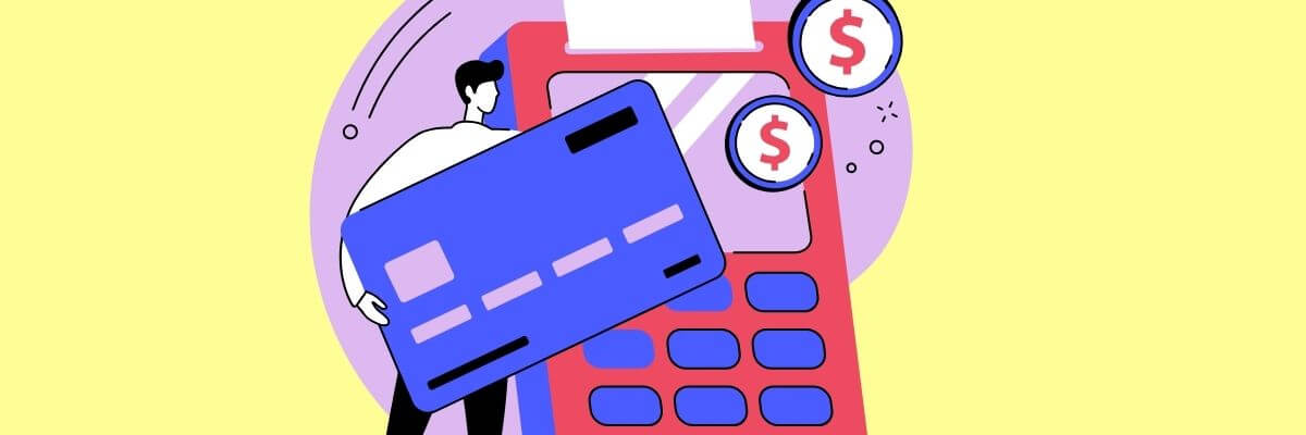 Illustration of a person holding a large credit card next to a giant red payment terminal with dollar sign coins, set against a yellow and purple background.