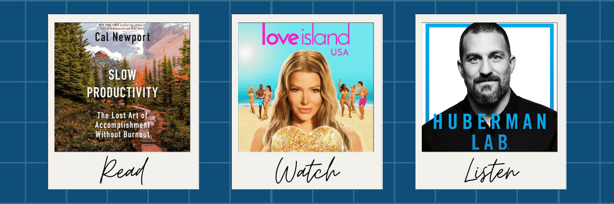 A “Read, Watch, Listen” recommendation graphic on a purple grid background. It features: Britney Spears’ memoir cover under "Read," a photo of two women in front of a rainbow-organized closet for "Watch" (The Home Edit), and cartoon fruit with “Maintenance Phase” podcast title under "Listen.”