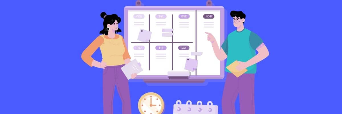 vaIllustration of a woman and man standing in front of a large weekly planner board filled with notes and sticky tabs. A clock and calendar sit below, suggesting they’re organizing or planning out their week.
