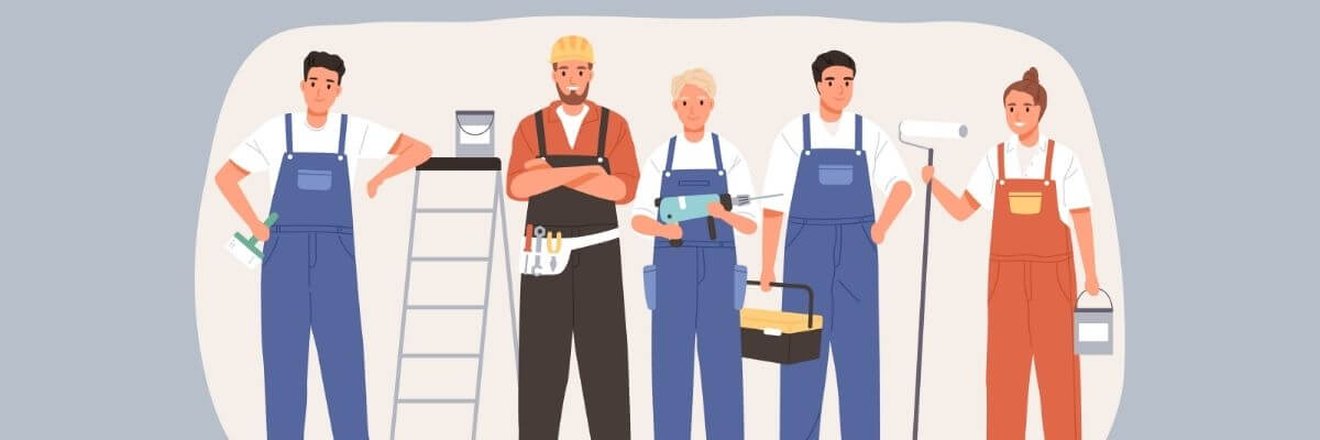 Illustration of five people in work overalls holding tools like paint rollers, a drill, a toolbox, and a paint can. They stand confidently in a row, ready for a DIY or renovation project, with a ladder and paint bucket nearby.