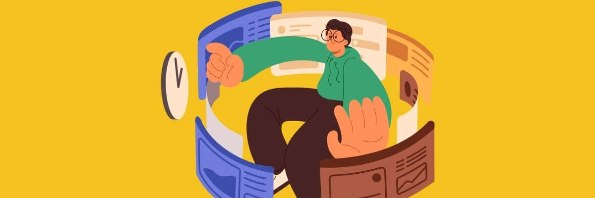Cartoon-style illustration of a person in a green hoodie sitting in a circle of oversized floating documents and a clock, symbolizing being overwhelmed or trapped by work and deadlines.