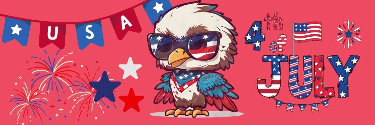 Cartoon illustration of a bald eagle wearing star-spangled sunglasses and a patriotic scarf, surrounded by fireworks, stars, and “USA” and “4th of July” decorations in red, white, and blue on a bright red background.