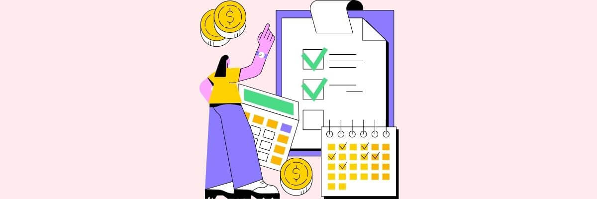 Cartoon illustration of a woman standing in front of a checklist, calendar, and calculator, with coins floating around, symbolizing budgeting, planning, or financial wellness.