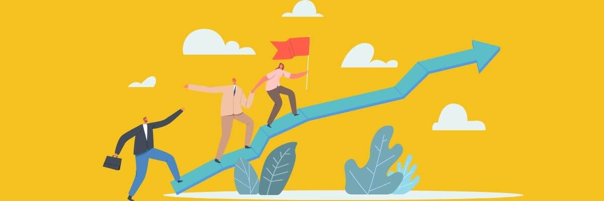 Illustration of three people climbing an upward arrow, with one person holding a red flag at the top, symbolizing teamwork and growth against a bright yellow background.