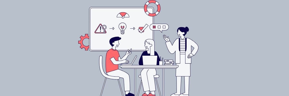 Cartoon of three people in a discussion at a table with laptops, with a whiteboard in the background showing icons like warning signs, a lightbulb, and checklists, representing problem-solving or a planning session.