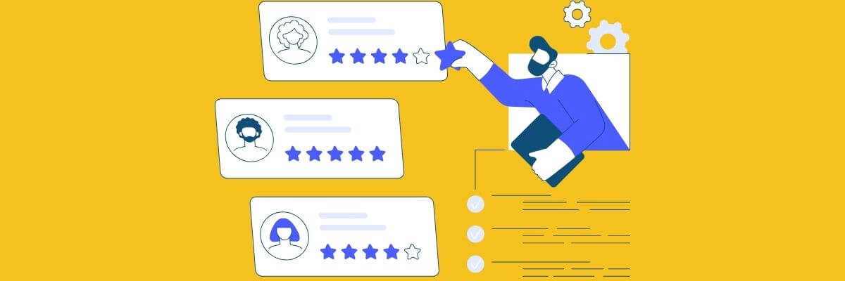 Illustration of a person adding star ratings to profile reviews, with three user profiles each showing a five-star rating system, set against a bright yellow background.