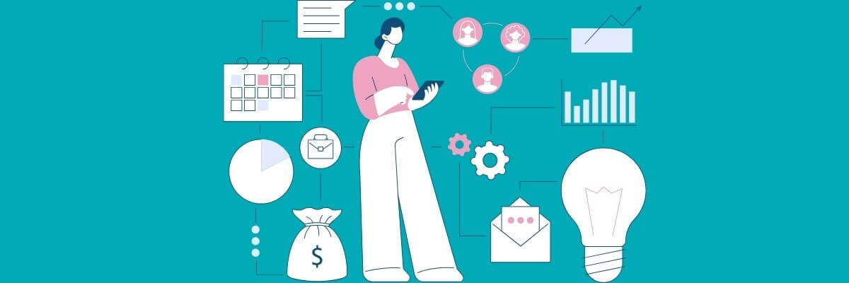Illustration of a woman holding a phone, surrounded by icons representing productivity and planning—like graphs, charts, a calendar, gears, and a money bag—on a teal background.
