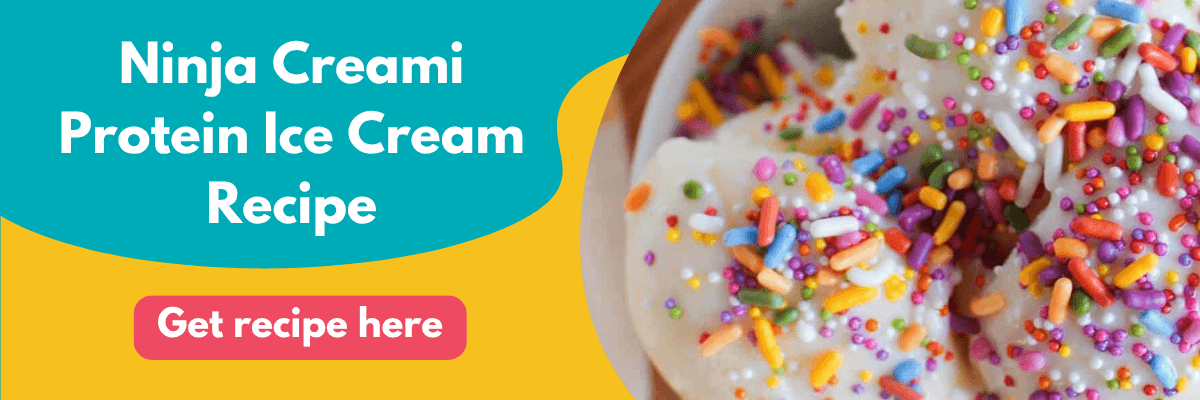 Bright ad promoting a Ninja Creami protein ice cream recipe, featuring colorful rainbow sprinkles on creamy ice cream with a button that says “Get recipe here.”