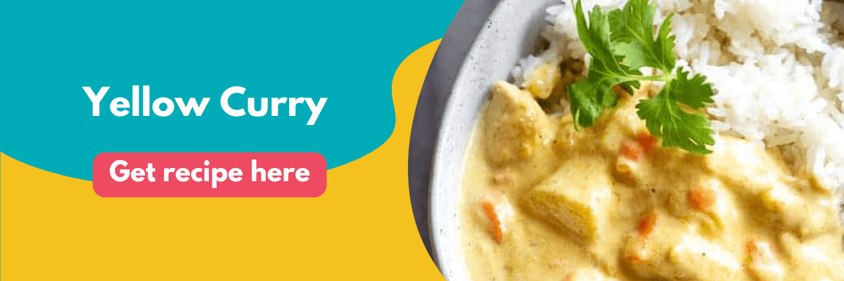 Close-up of a bowl of yellow curry with vegetables and white rice, topped with a cilantro leaf, alongside a colorful banner that says “Yellow Curry” and a button that reads “Get recipe here.”