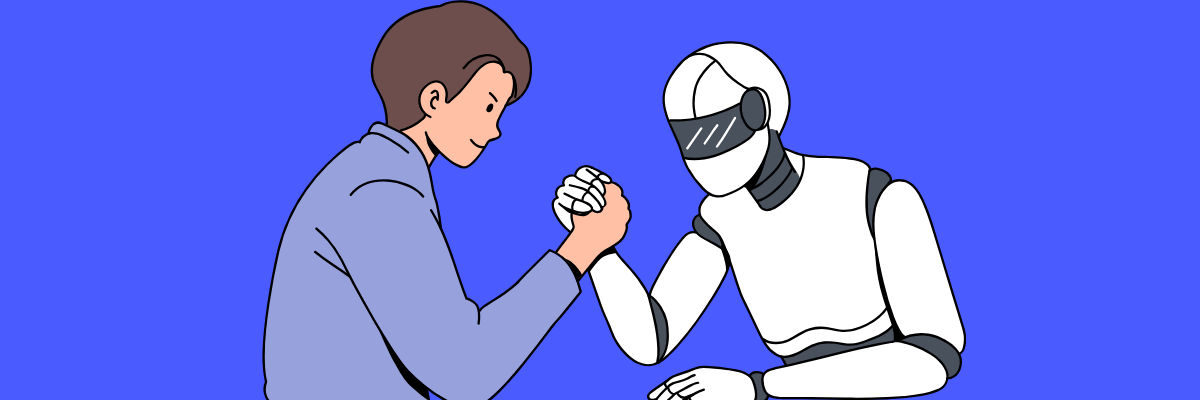 A cartoon illustration of a man and a robot arm wrestling. The man, wearing a light blue shirt, is smiling and focused, while the robot, with a sleek white design and dark visor, mirrors the pose. They're locked in a friendly competition against a bright blue background.