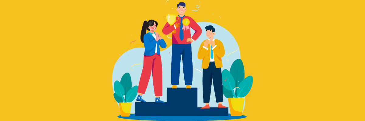An illustration of three people standing on a winner's podium. The person in the center, wearing a red shirt and blue pants, holds a gold trophy and wears a #1 medal. A woman in red pants and a blue blazer stands clapping on the left, while a man in a yellow blazer and blue pants applauds on the right. The background is a bright yellow with leafy green plants in yellow pots.