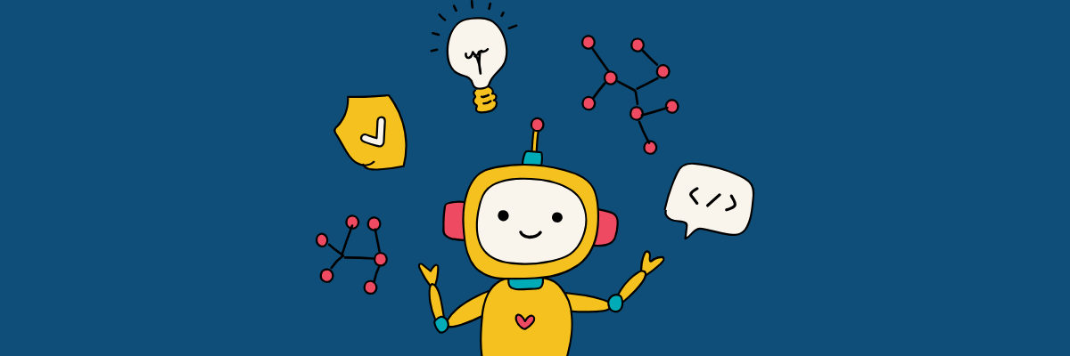 Yellow robot with pink earmuffs and a heart on its chest stands centered on a deep blue background. Around its head float doodles of a glowing lightbulb, branching molecular structures, a shield with a checkmark, and a dialogue bubble containing “< />,” suggesting ideas, science, security, and coding.