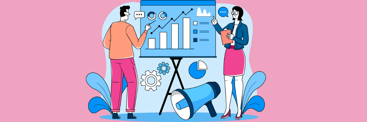 A colorful illustration of two professionals discussing data in front of a presentation board with graphs and charts. The man points to a rising bar graph while the woman, holding a clipboard, gestures toward the display. Business icons like gears, a pie chart, and a megaphone surround them, set against a pink background.