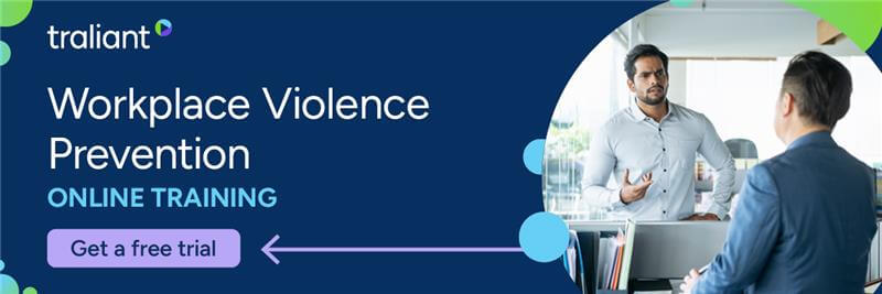 Banner ad for Traliant’s "Workplace Violence Prevention Online Training" featuring two men in a professional office setting, one appearing to speak seriously while the other listens. A purple button reads “Get a free trial.”