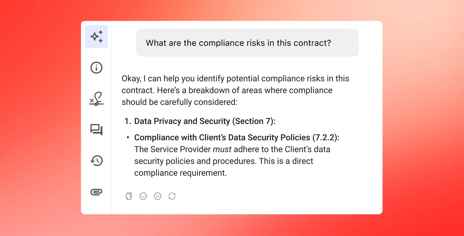 Screenshot of an AI assistant interface analyzing a question about compliance risks in a contract, highlighting “Data Privacy and Security” and the need to comply with the client’s data security policies as a key requirement.