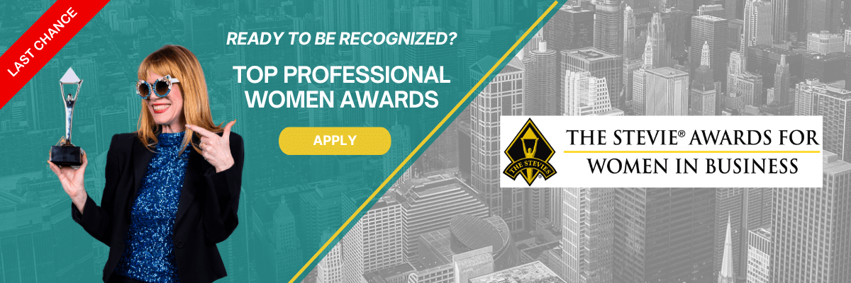 Promotional banner for The Stevie Awards for Women in Business, featuring a smiling woman in sparkly attire holding a trophy. The left side reads "LAST CHANCE" and โReady to be recognized? Top Professional Women Awardsโ with a yellow โApplyโ button, set against a teal background. The right side shows a grayscale cityscape with The Stevie Awards logo.