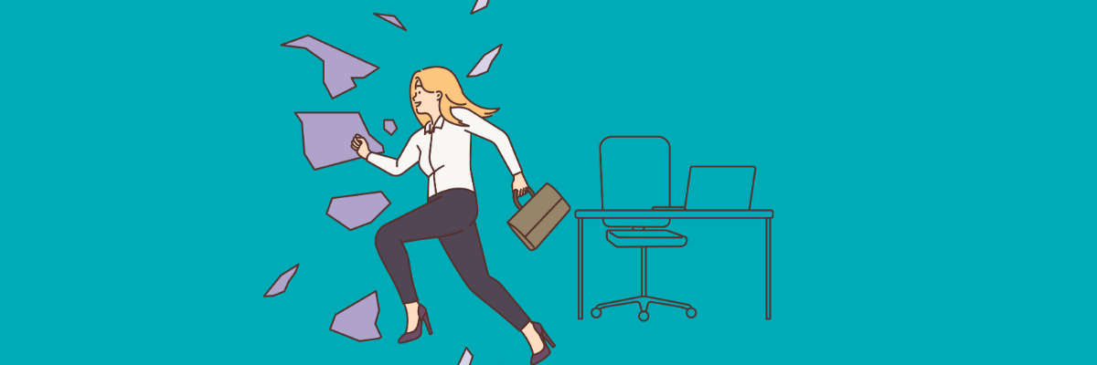 Illustration of a confident woman in office attire breaking through a glass wall with a briefcase in hand, running away from a desk and laptop, symbolizing breaking free or making a bold career move.