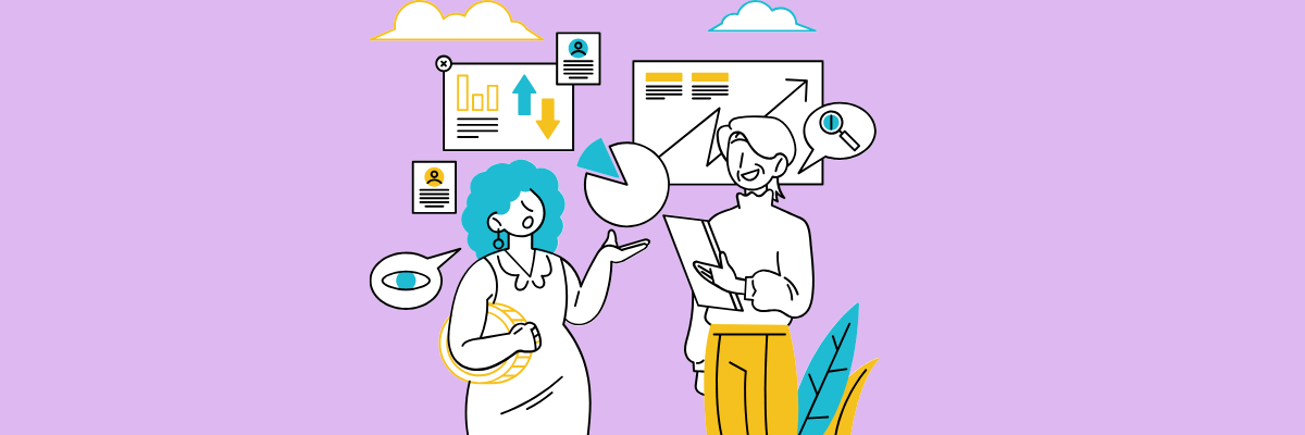Cartoon illustration of two professionals discussing data with charts, pie graphs, and analytics icons floating around them, set against a light purple background.