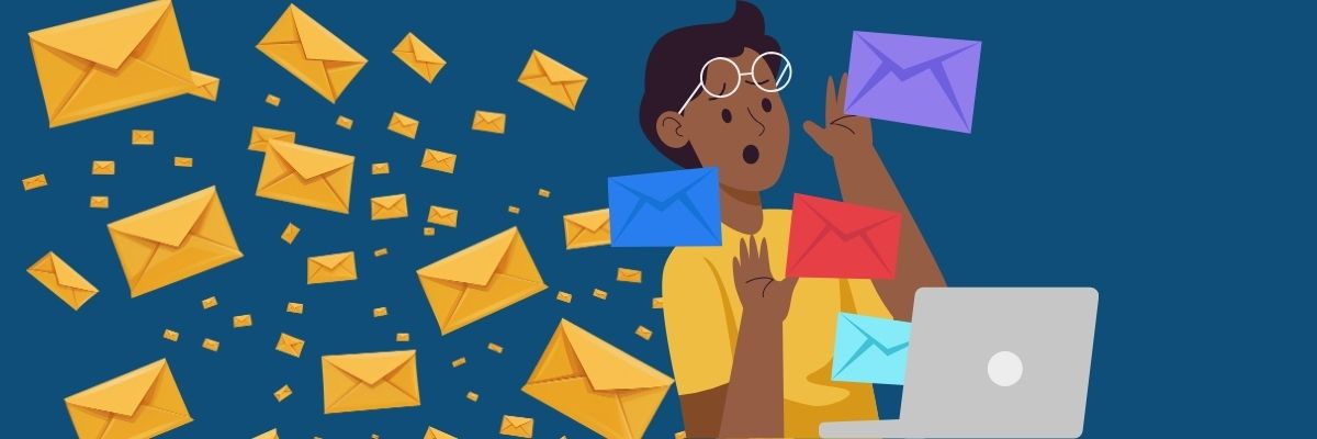 Illustration of a person sitting in front of a laptop, overwhelmed by a flood of colorful email envelopes flying toward them, with a shocked expression on their face.