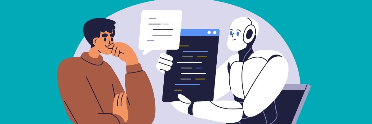 Illustration of a person thoughtfully looking at a humanoid robot who is showing them a screen with lines of code, representing a collaborative interaction between human and AI.