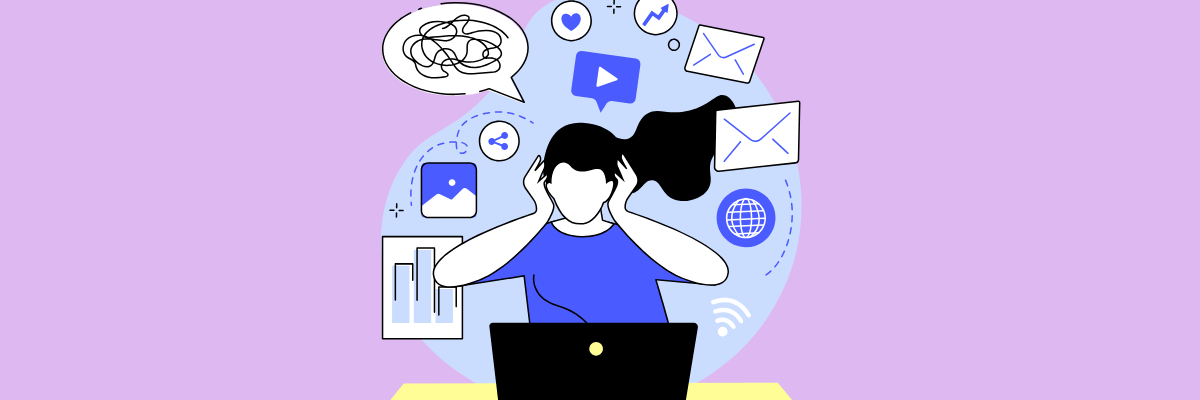 Illustration of a stressed person sitting at a laptop with hands on their head, surrounded by icons like emails, charts, social media, and a tangled thought bubble, symbolizing information overload.