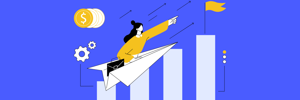 Illustration of a woman flying on a paper airplane with a briefcase, pointing toward a yellow flag atop a rising bar graph, symbolizing business growth, ambition, and reaching goals.