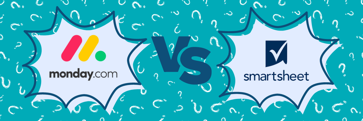 A graphic comparing Monday.com and Smartsheet, with each logo inside a comic-style burst on either side of a large "VS" in the center. The background is teal with scattered question marks.