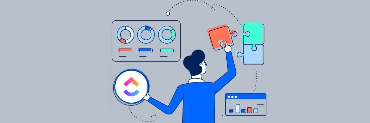 Illustration of a person assembling colorful puzzle pieces while analyzing data charts, holding the ClickUp logo in one hand and facing a dashboard with graphs and analytics.