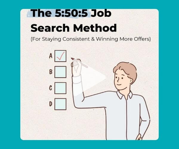 Illustrated video thumbnail showing a person checking off option A on a multiple-choice list. Bold text at the top reads โThe 5:50:5 Job Search Methodโ with a subtitle underneath that says โFor Staying Consistent & Winning More Offers.โ A play button icon overlays the center.