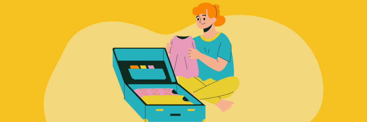 Cartoon-style illustration of a smiling woman sitting cross-legged while packing a suitcase, holding up a folded pink shirt against a yellow background.