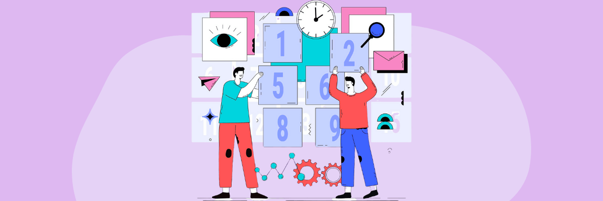 Colorful illustration of two people interacting with a wall of numbered tiles, icons, and gears, symbolizing organization, productivity, and scheduling on a purple background.