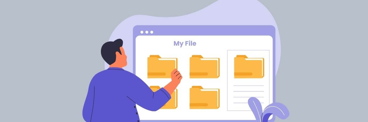 An illustrated person in a blue jacket browses digital folders labeled "My File" on a large screen. The interface shows yellow folder icons and a document preview on a gray and lavender background.