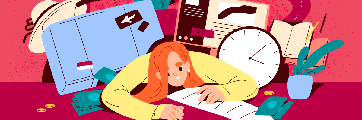 Illustration of an overwhelmed woman slumped over her desk, surrounded by a suitcase, clock, paperwork, coins, dollar bills, and a plant—symbolizing stress and burnout from juggling travel, work, and time.