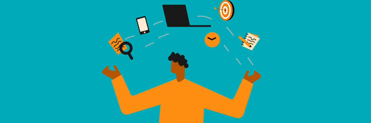 Illustration of a person juggling various tasks including a laptop, phone, documents, magnifying glass, clock, and target, symbolizing multitasking or a busy workday.