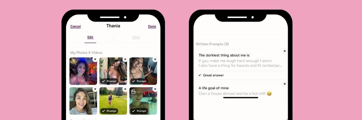 Screenshot of a dating profile edit screen showing a woman’s photo gallery on the left phone display and written prompts about her personality and goals on the right phone display.