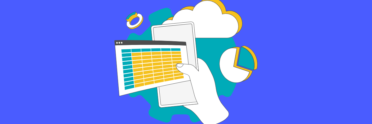 Illustration of a hand holding a tablet with a spreadsheet on screen, surrounded by cloud icons and pie charts, set against a bright blue background—representing data analysis or cloud-based productivity tools.