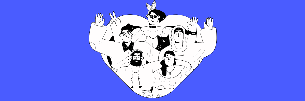 Black and white illustration of a cheerful, diverse group of five people posing together, some making peace signs and hand gestures, with a playful black cat in the middle, set against a vibrant blue background.
