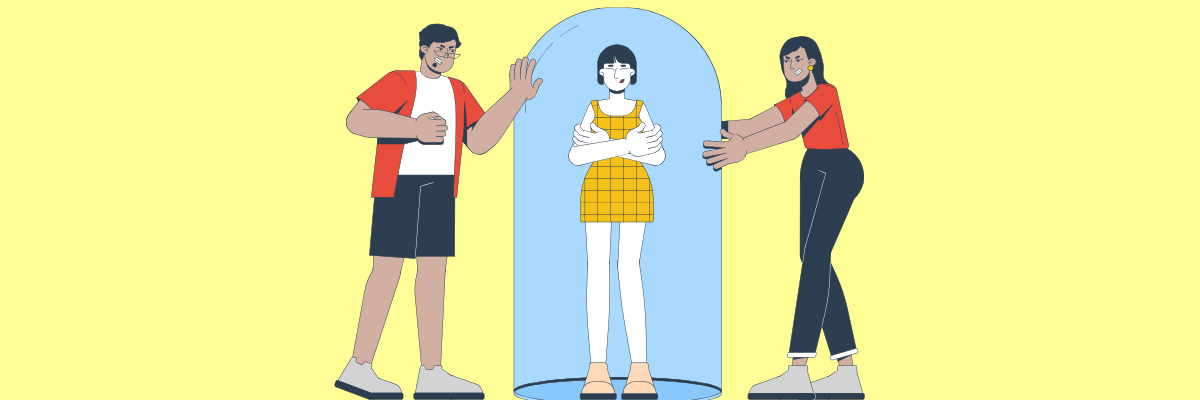  Illustration of a girl standing inside a glass dome with her arms crossed while a man and woman outside the dome try to reach in protectively, all set against a bright yellow background.