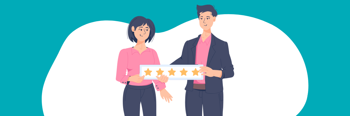 Illustration of a woman and a man standing side by side, both smiling and holding a five-star rating board together. The woman is wearing a pink blouse and dark pants, while the man is in a dark blazer and pink shirt. The background features a large white shape against a teal backdrop.