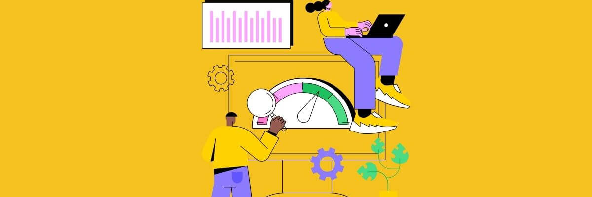 Illustration of two people analyzing data; one is adjusting a large gauge on a monitor while the other sits on top of the screen working on a laptop, with charts, gears, and plant icons around them.