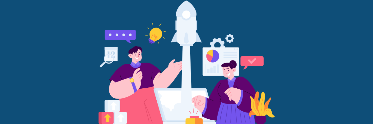 Illustrated scene of two people collaborating at a laptop as a rocket launches from the screen, surrounded by icons like a lightbulb, graphs, a calendar, and chat bubbles, representing teamwork, innovation, and project growth.