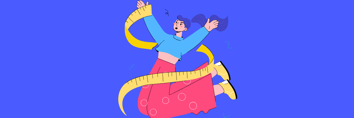 Cartoon of a woman jumping joyfully while being wrapped in a yellow measuring tape, symbolizing body positivity or progress on a fitness or health journey.