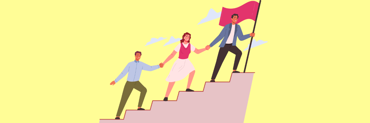 Illustration of three people climbing stairs together, with the person at the top holding a flag and helping the others up—symbolizing leadership, teamwork, and support.