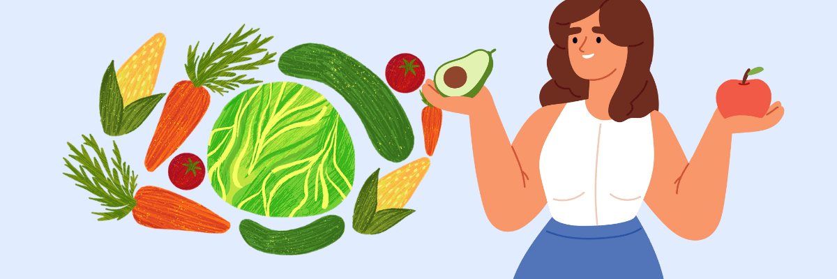 Cartoon of a smiling woman holding an avocado in one hand and an apple in the other, surrounded by colorful vegetables like carrots, corn, cucumbers, cabbage, and tomatoes, symbolizing healthy eating choices.
