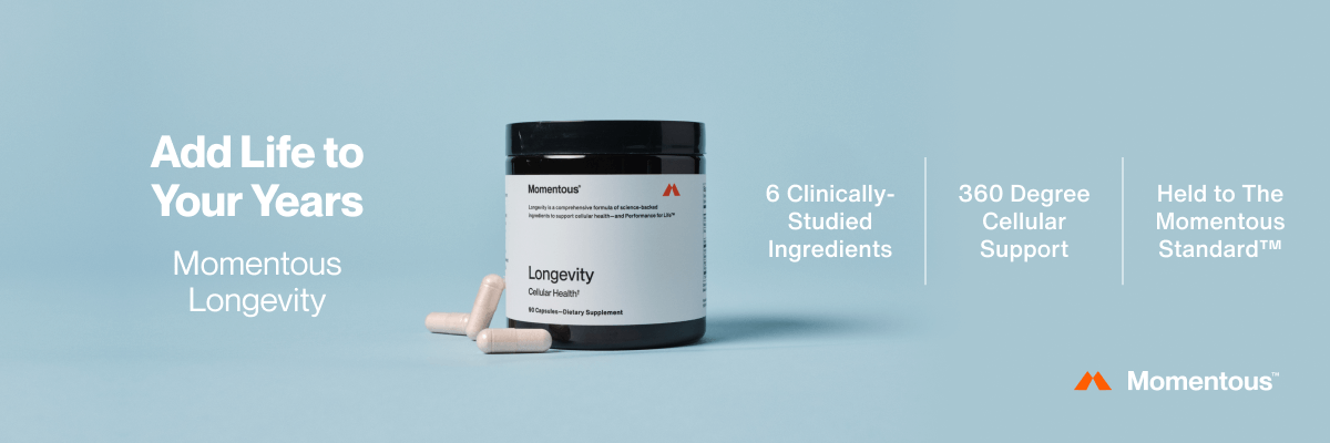 A product ad for Momentous Longevity supplements showing a black jar with capsules on a light blue background, promoting cellular health with clinically-studied ingredients and 360-degree support.