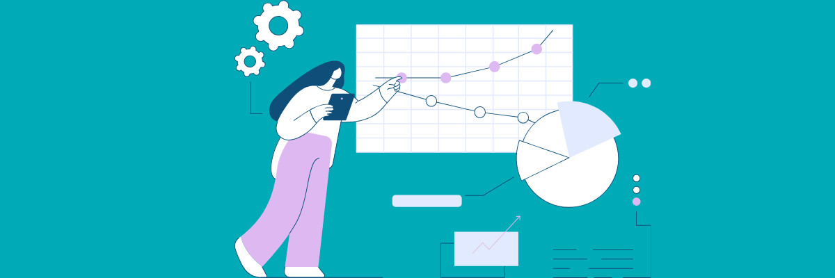 Illustration of a woman holding a tablet and pointing at a graph with rising and falling trend lines. Pie charts, gears, and data visuals surround her, representing analytics, performance tracking, or business strategy.