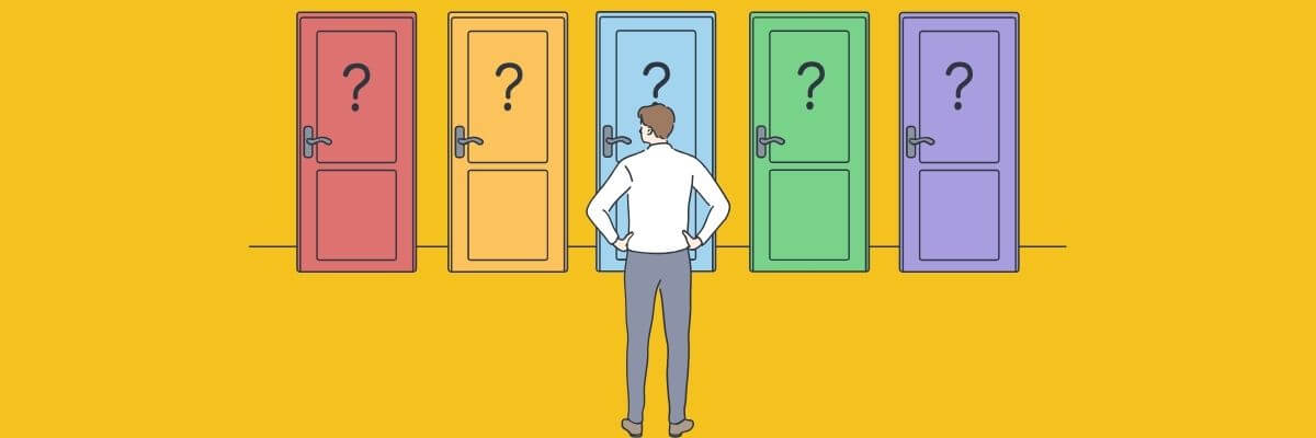 Illustration of a person standing in front of five colorful doors, each marked with a question mark, symbolizing decision-making or facing multiple choices.