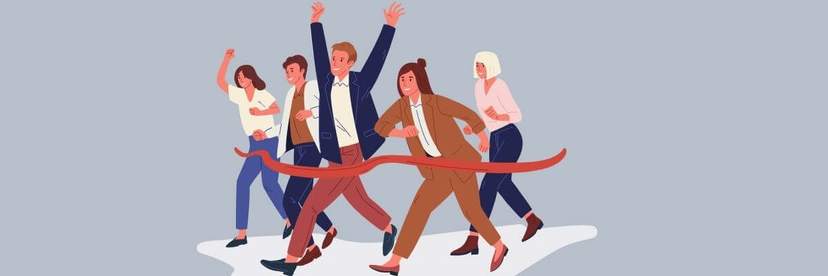 Illustration of a diverse group of professionals joyfully crossing a red finish line together, celebrating a team win or shared success.