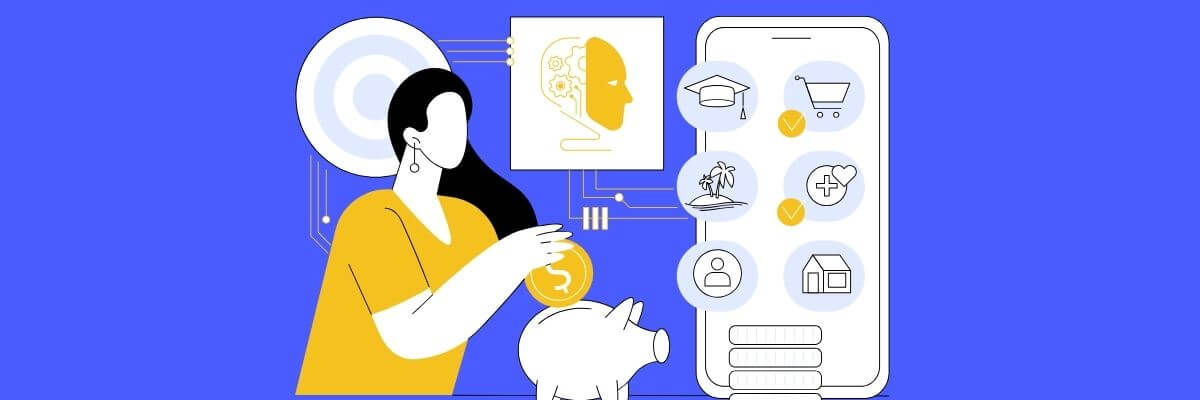 Illustration of a woman putting a coin into a piggy bank, with a smartphone beside her showing icons for savings goals like education, shopping, travel, health, and housing.